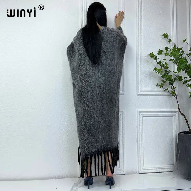 WINYI new Winter Women Solid color Luxury Fur Neutral coat Loose cardigan elegant Warm Female coat over poncho tassels jacket