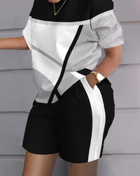 Women Print Two Piece Shorts Sets Matching Sets Short Sleeve T Shirts Pockets Elastic Waist Trousers Y2k Tops Suits Summer 2025