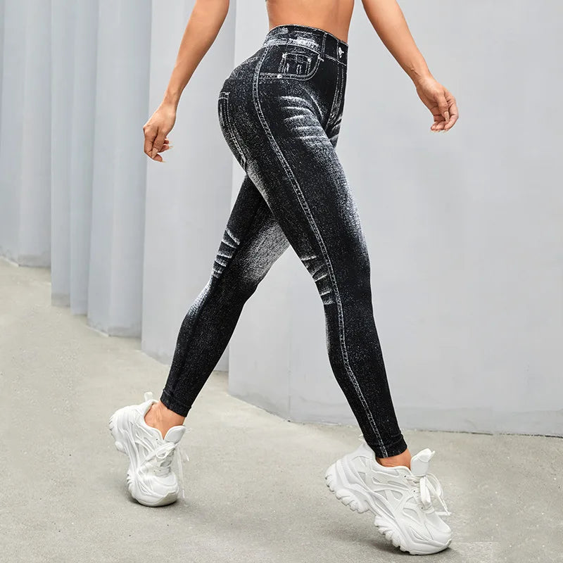  Women Sport Yoga Leggings Faux Jeans Skinny Tight Seamless Fitness Outerdoor Pants