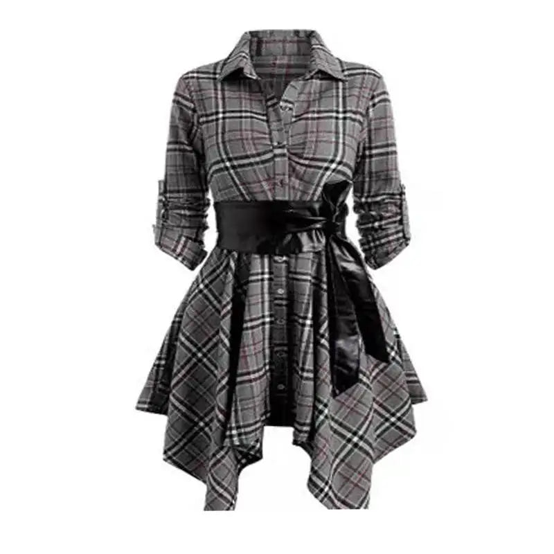 Sutimine Dresses for Women 2023 New Women's Middle and Long Long-sleeved Dress European and American Women's Plaid Belt Dress