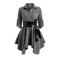 Sutimine Dresses for Women 2023 New Women's Middle and Long Long-sleeved Dress European and American Women's Plaid Belt Dress