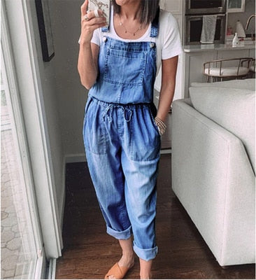 Spring Autumn Thin Loose Casual Womens Denim Jumpsuit Lace Up Elastic Waist Overalls Solid Color Wide Leg Trousers Bodysuit 6218