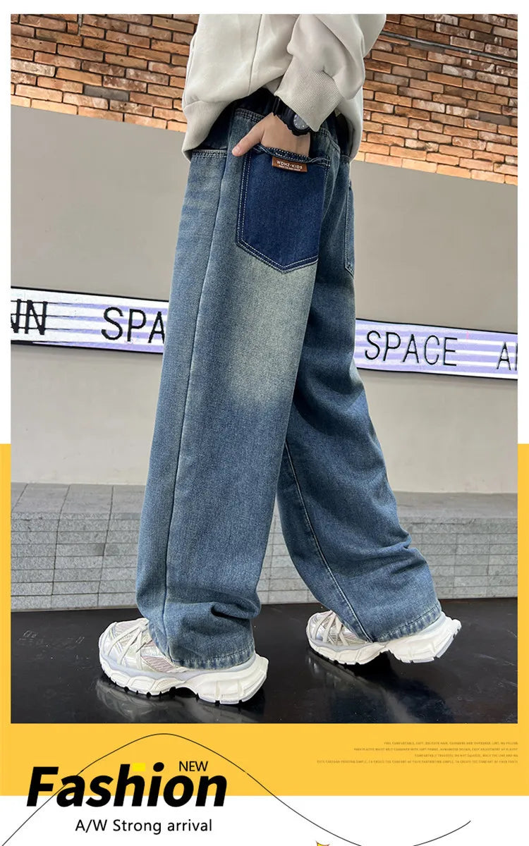 Boys Jeans 2024 Autumn&winter New Teenage Children Plus Fleece Warm Pants Boys Fried Street Handsome Pants Kids Denim Trousers
