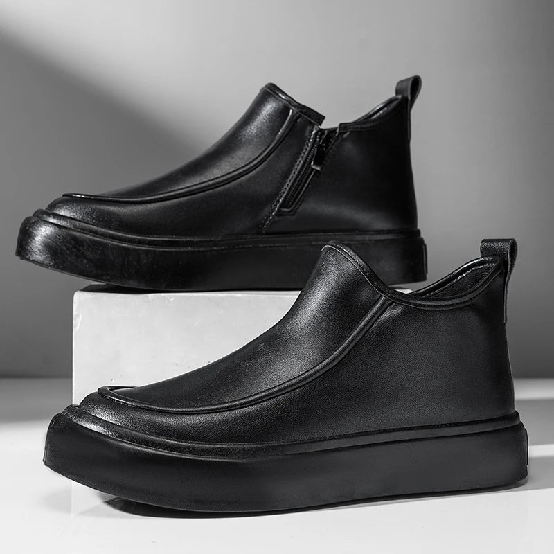 Men's Black Boots Versatile Casual Leather Boots Zipper PU Flat Bottom Casual Walking Shoes Autumn and Winter Men One Foot Shoes