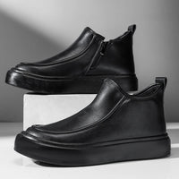 Men's Black Boots Versatile Casual Leather Boots Zipper PU Flat Bottom Casual Walking Shoes Autumn and Winter Men One Foot Shoes