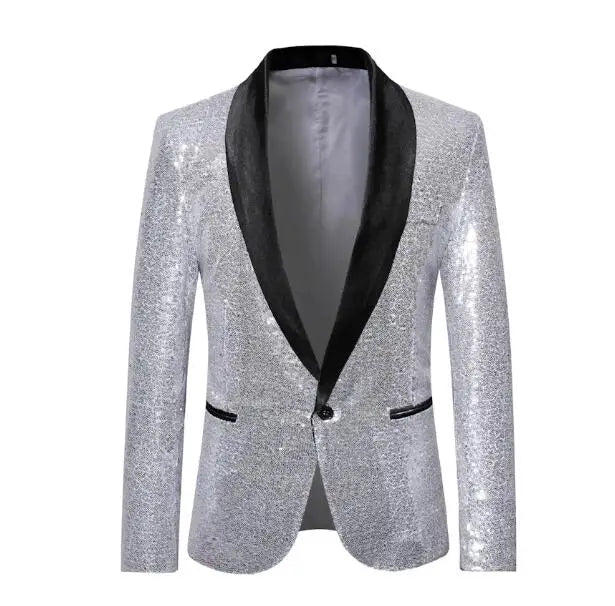 Shiny Sequin Men's Suit Jacket, Stage Performance Coat, White Silver Blue Red Purple Blazers V-neck Single Button S M L XL XXL