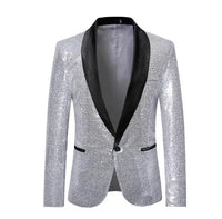 Shiny Sequin Men's Suit Jacket, Stage Performance Coat, White Silver Blue Red Purple Blazers V-neck Single Button S M L XL XXL