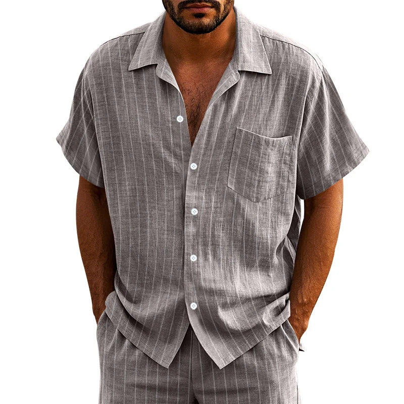 New Casual Mens Linen Shirts Summer Leisure Breathable Loose Short Sleeve Striped Shirt For Men Outdoor Fashion Button Lapel Top