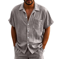 New Casual Mens Linen Shirts Summer Leisure Breathable Loose Short Sleeve Striped Shirt For Men Outdoor Fashion Button Lapel Top
