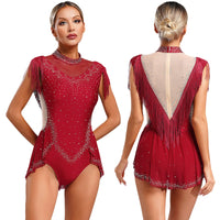 Womens Jazz Dance Leotard Skirted Sparkling Rhinestones Mock Neck Sleeveless Sheer Mesh Patchwork Tassel Bodysuit