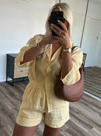 HH 2025 Casual Women Linen Shirt Shorts Sets Summer Lapel Single-Breasted Long Sleeves Shirt Top+Elastic Waist Pocket Shorts