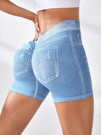 Women V back Shorts Faux Jeans Elastic Workout Sports Yoga Pants Butt Lifting Leggins Fitness Athletic Short Tights Seamless