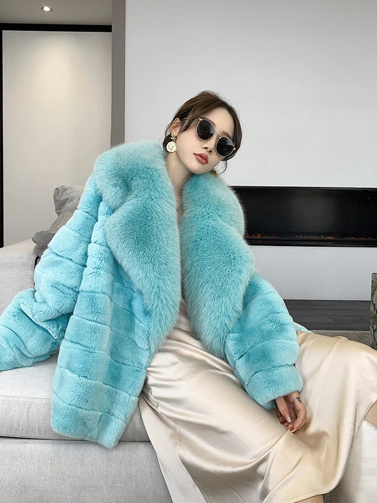 Furyoume Winter Women Real Rex Rabbit Fur Coat Thick Warm Natural Fur Jacket With Fox Fur Collar Luxury Chinchilla Overcoat