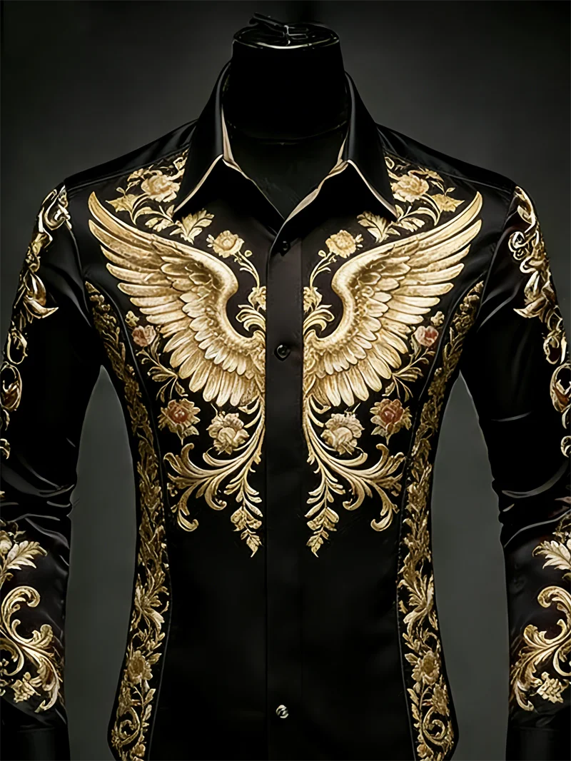 New 10 color men's long sleeved lapel shirt with fashionable 3D floral print and wing pattern long sleeved shirt