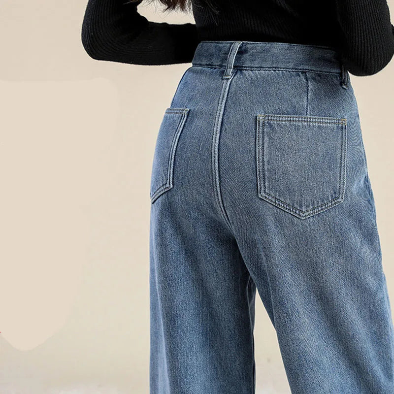 Plus Velvet Denim Pants for Women Autumn Winter New Thickened Baggy Straight Jeans Ladies Casual Versatile Wide Leg Trousers