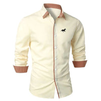 Men's Stylish Long Sleeve Shirt with Contrast Inner Collar and Cuff Trim Featuring a Subtle Printed Horse Logo on Chest Shirts