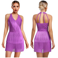 Women Rhinestones Latin Dance Costume Tassel Gymnastics Leotard Bodysuit Ballet Tango Salsa Jazz Performance Fringed Jumpsuits