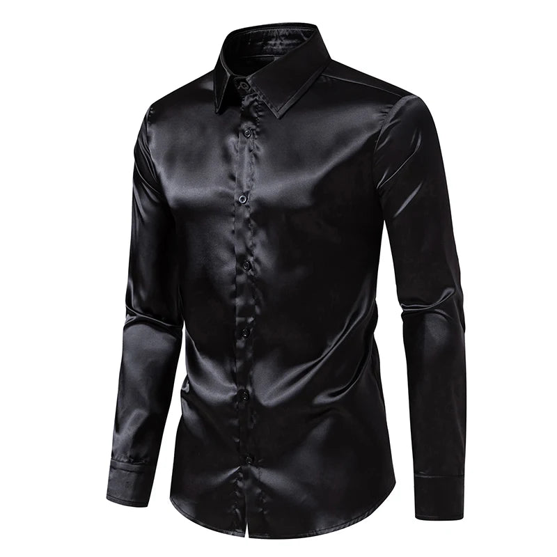 Men's Black Satin Luxury Dress Shirts Fashion Silk Smooth Tuxedo Shirt Solid Wedding Party Prom Casual Shirt Business Office