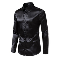 Men's Black Satin Luxury Dress Shirts Fashion Silk Smooth Tuxedo Shirt Solid Wedding Party Prom Casual Shirt Business Office