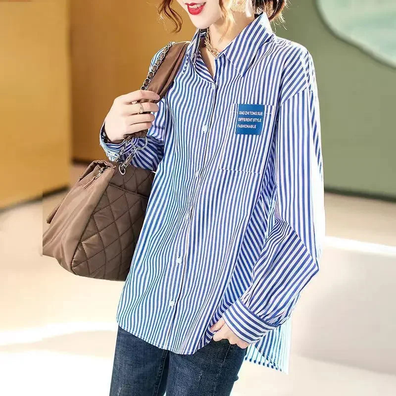 Button Up Female Tops Crop Striped Women's Shirt And Blouse Vintage Xxl Premium Promotion Fashion 2025 Elegant Youth Offer