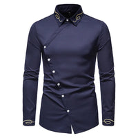 Men's Irregular Oblique Button Up Dress Shirts Streetwear Luxury Elegant Embroidery Business Shirt Chemise Homme Mens Blouses