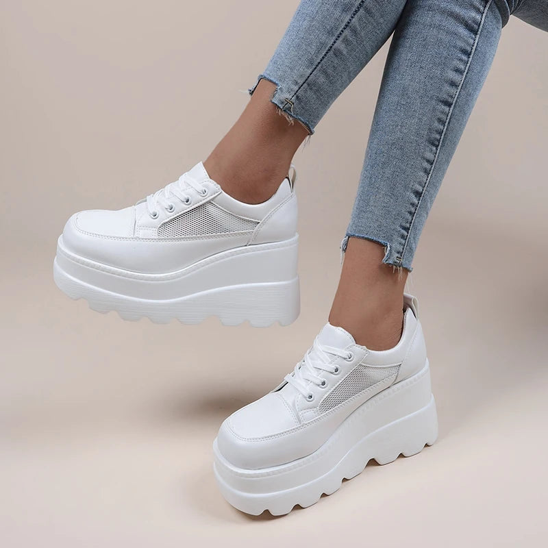 2022 NEW White Wedge Sneakers Shoes Platform Breathable Hollow Shoes Chunky Platform Heel Pumps Shoes Women Heels