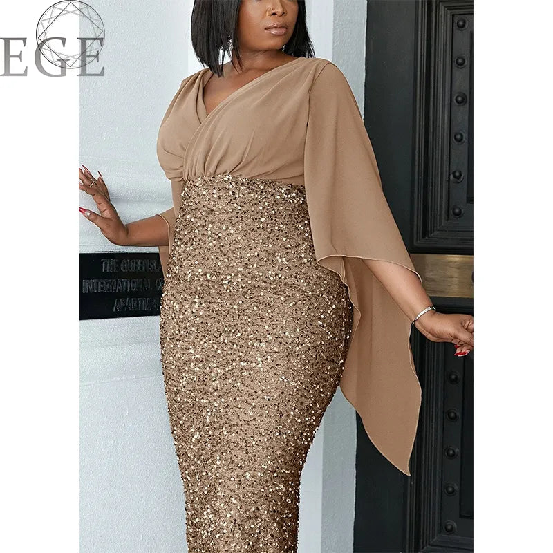 2023 Plus Size Luxury Dress Shiny Chiffon Loose Sherfang Plus Size Elegant Banquet Midi V Neck Dress