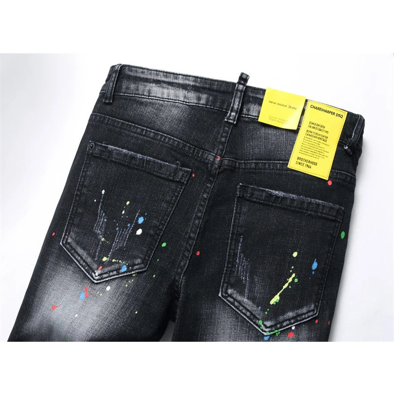 chareiharper DSQ 1347 Men's Jeans Straight Fit Elastic Cotton Black Paint Wash Water Tear Tear Process Italian Design men Jeans