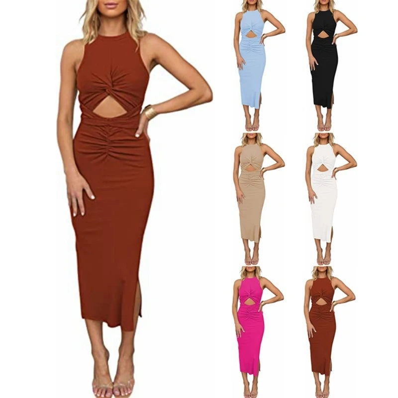 Women Bodycon Dress Wrap Split Midi Dress Midriff Cutout Dress Twist Ruched Dress Slit Bodycon Ruched Wrap Dress