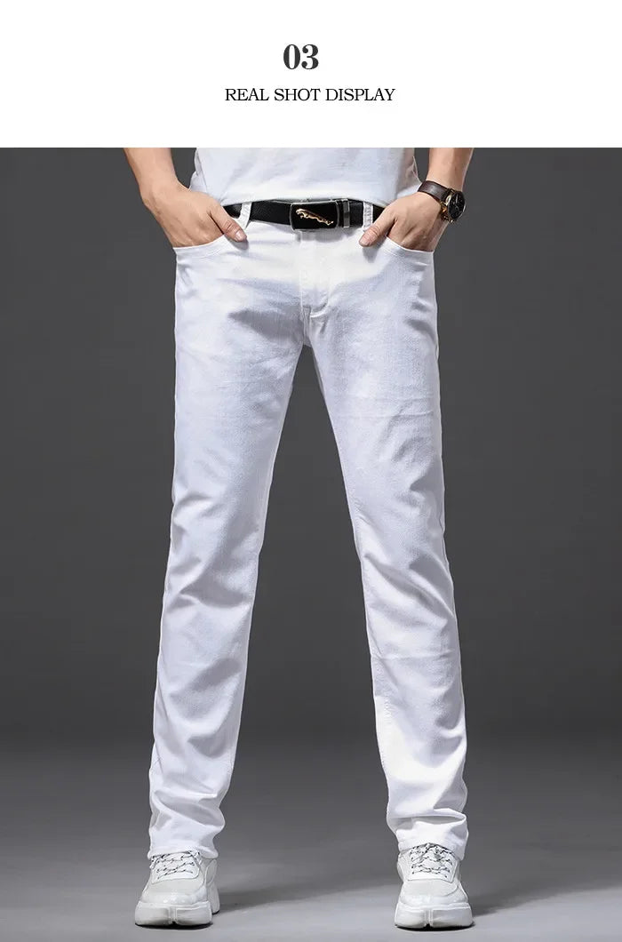 Men Slim White Jeans New Elasticity Fashion Casual Classic Soft Business Brand Trousers Male Clothing Stretch Pants