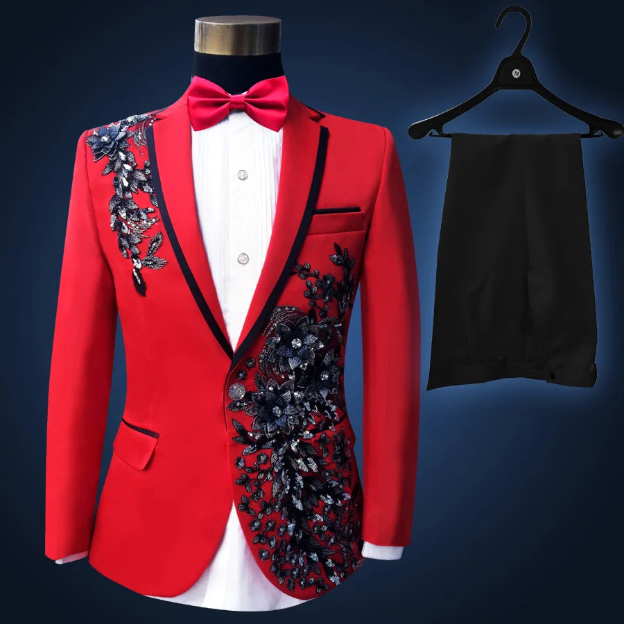 New Black Wedding Groom Tuxedos Suit Men Fashion Paillette Embroidered Male Singer Performance Party Prom Blazer Suit 4 Pcs