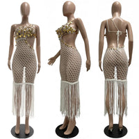 Sexy Fringe Tassel Knit Crochet Cover-up Beach Dress Women See Through Hollow Out Sequined Party Club Bodycon Maxi Dress Holiday