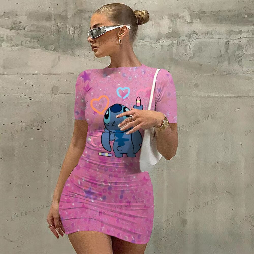 Disney Stitch Design Seaside Spice Girls Short Skirt Women's Tight Pack Hip Sexy Mini Slim tight Beach Dress Ladies Summer New