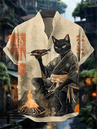 Men's Cat Print Short-Sleeve Shirt, Stand Collar Retro Casual Top, Breathable Slim Fit Shirt, Outdoor Casual Hawaiian Shirt