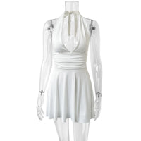 Sexy Deep V Backless Strappy Dress Women Summer Solid Slim Fit Sleeveless Pleated Skirt Elegant Evening Club Party Women's Wear