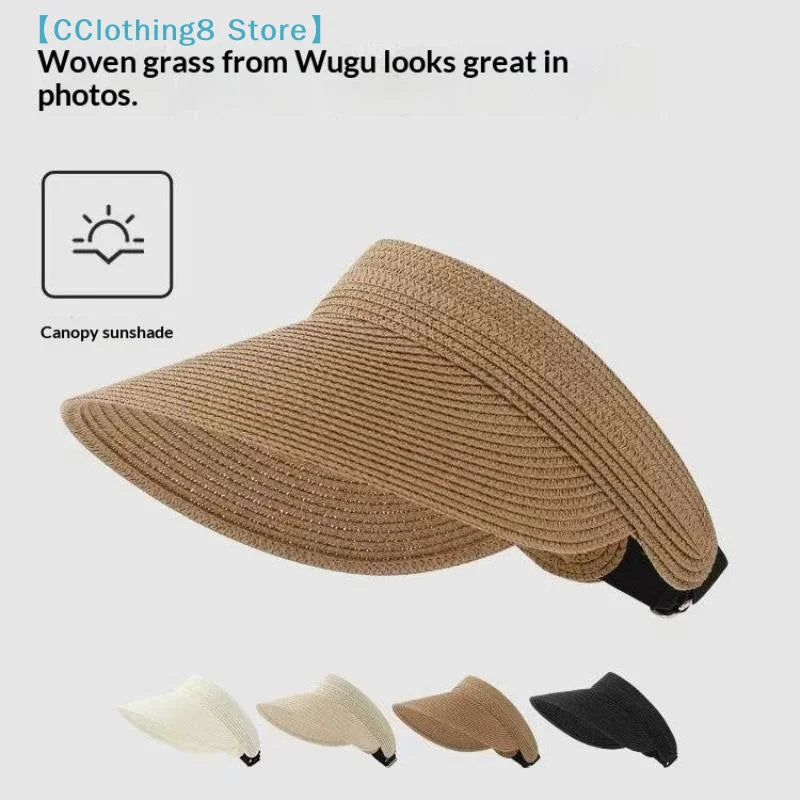 UPF50+ Wide Brim Visor Hat For Women Straw Beach Sun Visor Foldable Ponytail With UV Protection Straw Hat Beach Hats【AliS8】