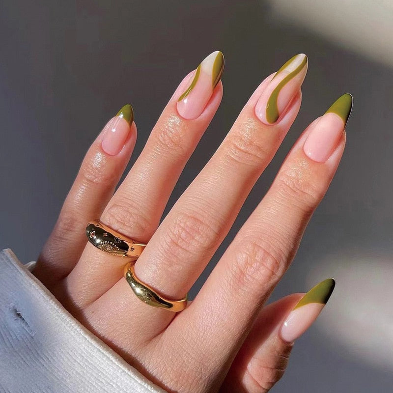 24Pcs Long Round Head Black Glod Line Press On Nail Art Removable Fake Nails With Glue Full Cover Waterproof False Nails