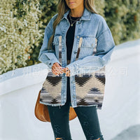 Autumn and Winter New Polo Neck Pocket Denim Panel Wool Coat Women's Vintage Jacket