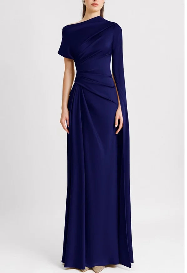 Solid color slanted collar with shoulder sleeves, pleated waist for slimming, ladies' banquet solid color formal dress skirt