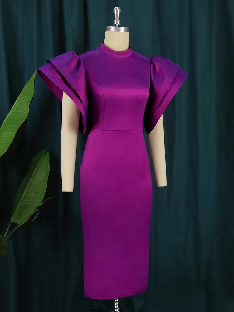 Purple Bodycon Dresses Short Flare Sleeve High Waist Midi Evening Cocktail Party Outfits for Women Large Size 3XL 4XL Gowns