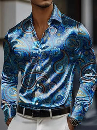 Men's long sleeved shirt, retro patterned 3D printed design, men's lapel button loose and comfortable casual vacation plus size