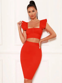 Women Summer Sexy Sqaure Collar Black Red Hot Pink Ruffles Mini Bodycon Bandage Skirt Set 2023 Elegant Evening Club Party Outfit