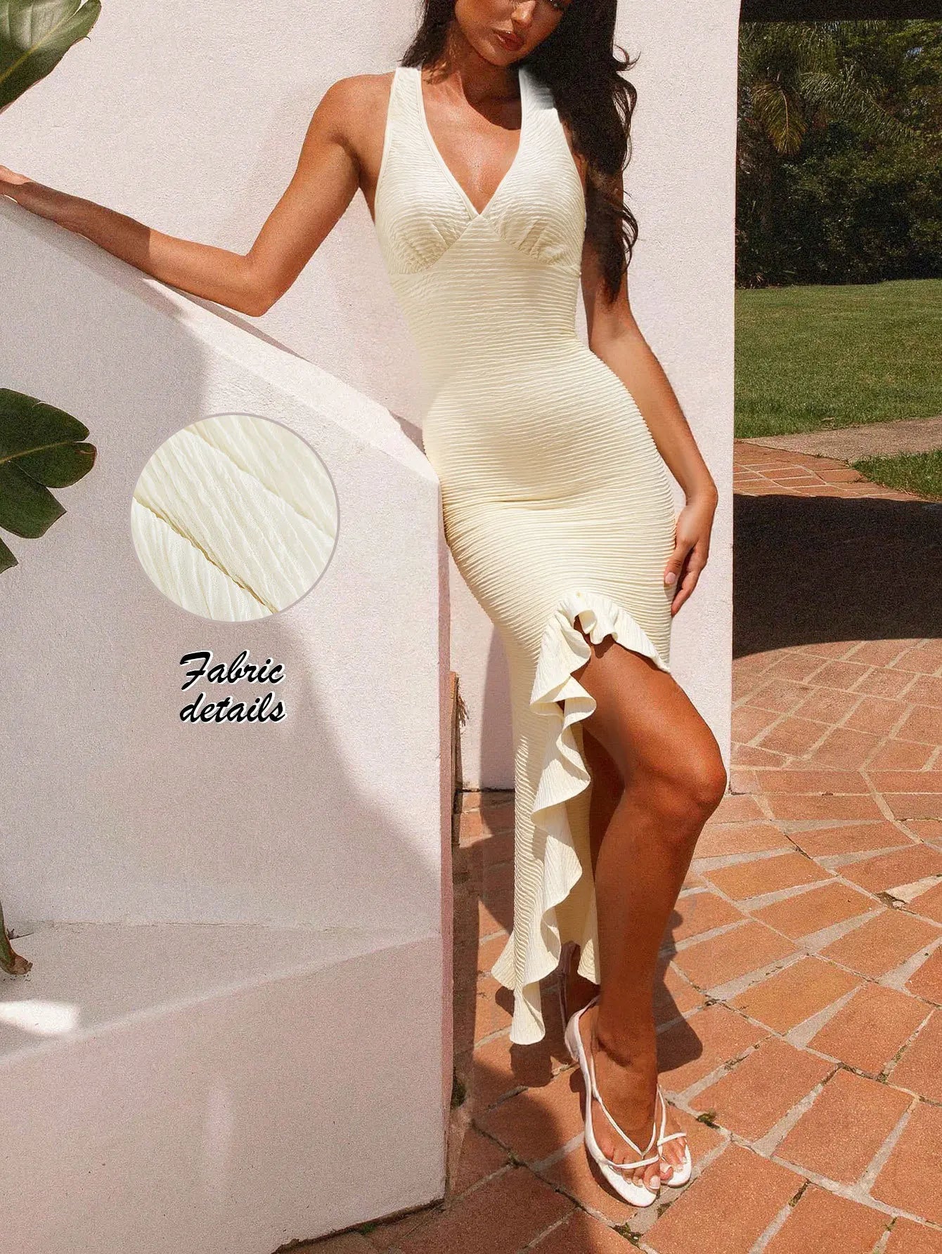 Summer French Style Deep V Neck Backless Ruffle Trim Split Slim Fit Sexy Maxi Dress For Women