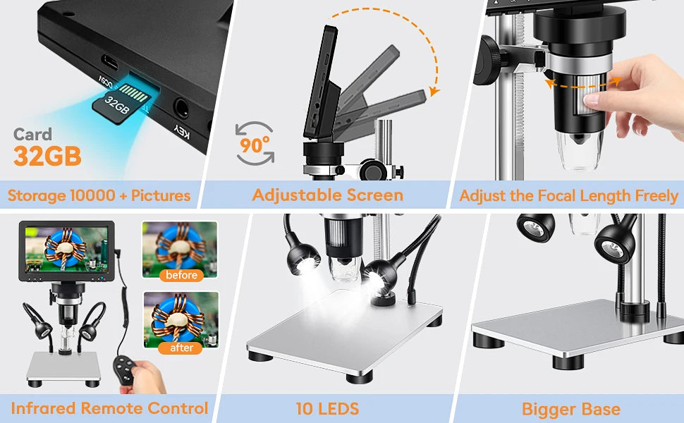 DM9 Digital Microscope with 7inch IPS Screen 1200x Coin Microscope Soldering Microscopios for Repairing With 10 LEDs， PC View