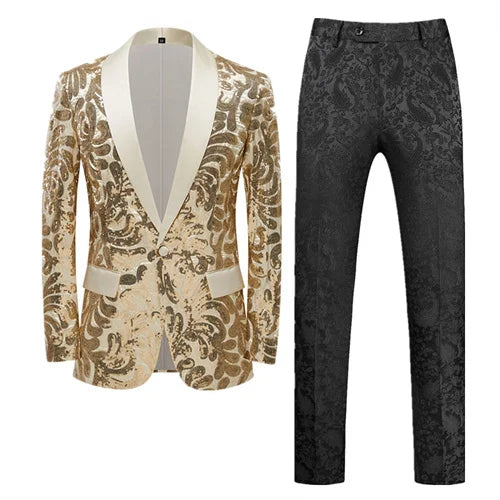 Red Sequin Blazer & Pants Set , Men's Shiny Party Outfit Suits for Weddings, Concerts & Festive Celebrations