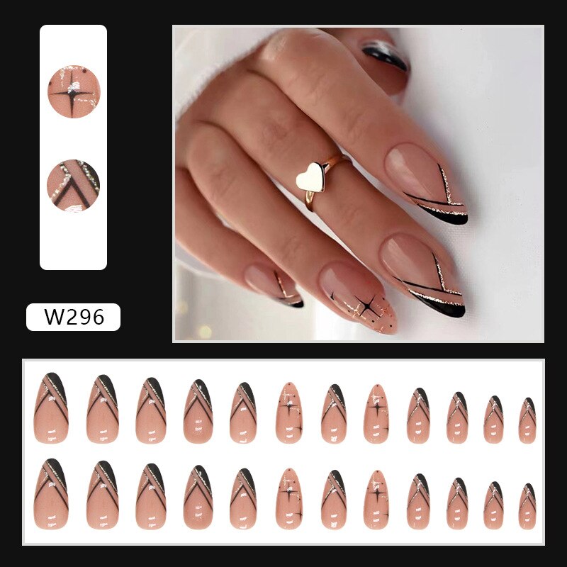 24Pcs Long Round Head Black Glod Line Press On Nail Art Removable Fake Nails With Glue Full Cover Waterproof False Nails