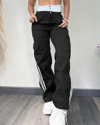 High Waist Stretchy Cargo Pants with Striped Tape Patch Shirred Design And Pockets for Women