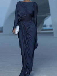 Elegant High Waist Solid Color Banquet Dress Lady Leisure Irregular Long Sleeve Dress Sexy Slash Collar Pleat Slim Evening Dress