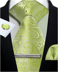 Mens Tie Set Silk Silver Paisley Floral Necktie and Pocket Square Cufflinks Tie Clip Classic Formal Ties for Men Wedding Party