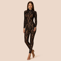 Fall Women's Jacquard Lace Jumpsuit Sexy See-Through Long Sleeve Back Zip Skinny Rompers Coquette Midnight Clubwear